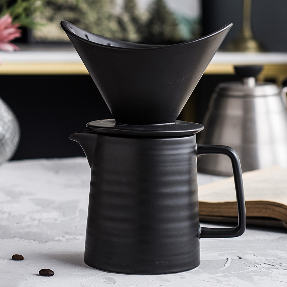 BeeCa Premium Black Ceramic Pour Over Coffee Maker Set with Dripper and Pot