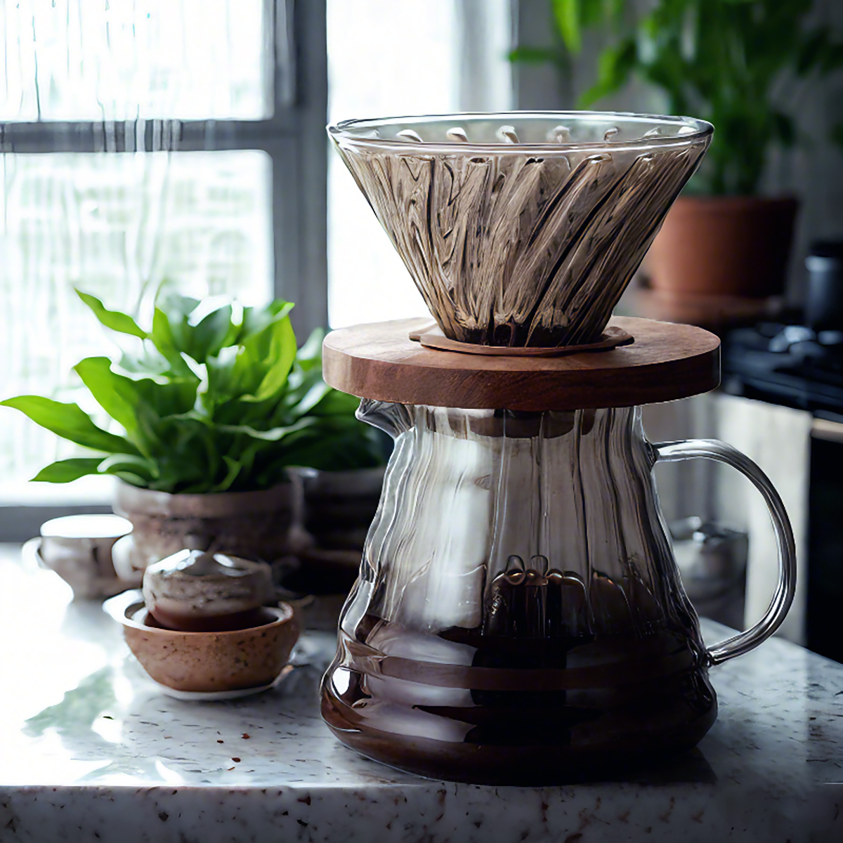 BeeCa Smoked Glass Pour Over Set - Side View with Handle