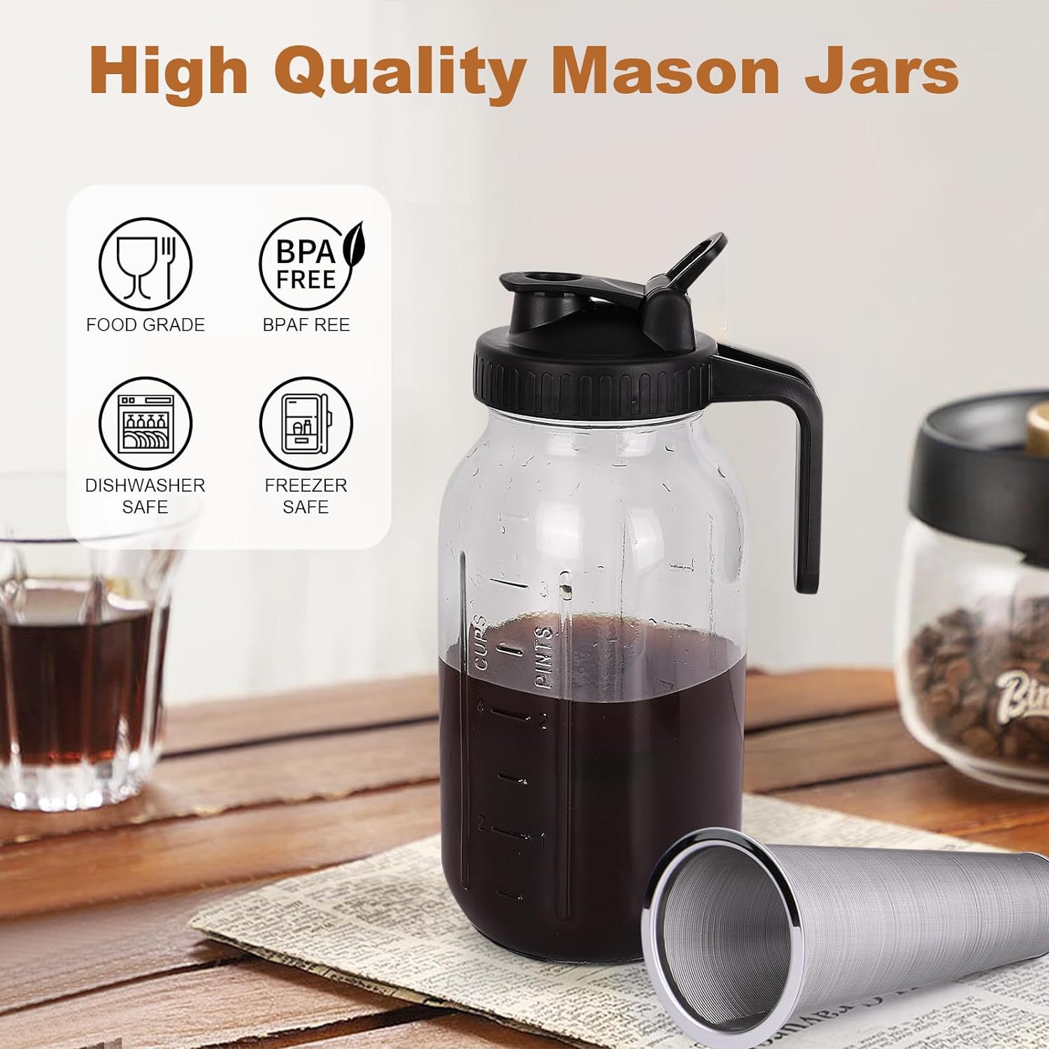 BeeCa Mason Jar Pitcher Cold Brew Coffee Maker - Food-Grade Safety & Durability